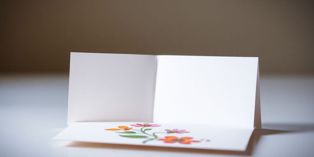 Hand holding a colorful greeting card with floral designs.