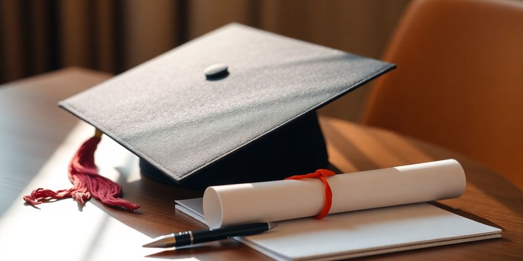 Graduation cap and diploma on a desk.