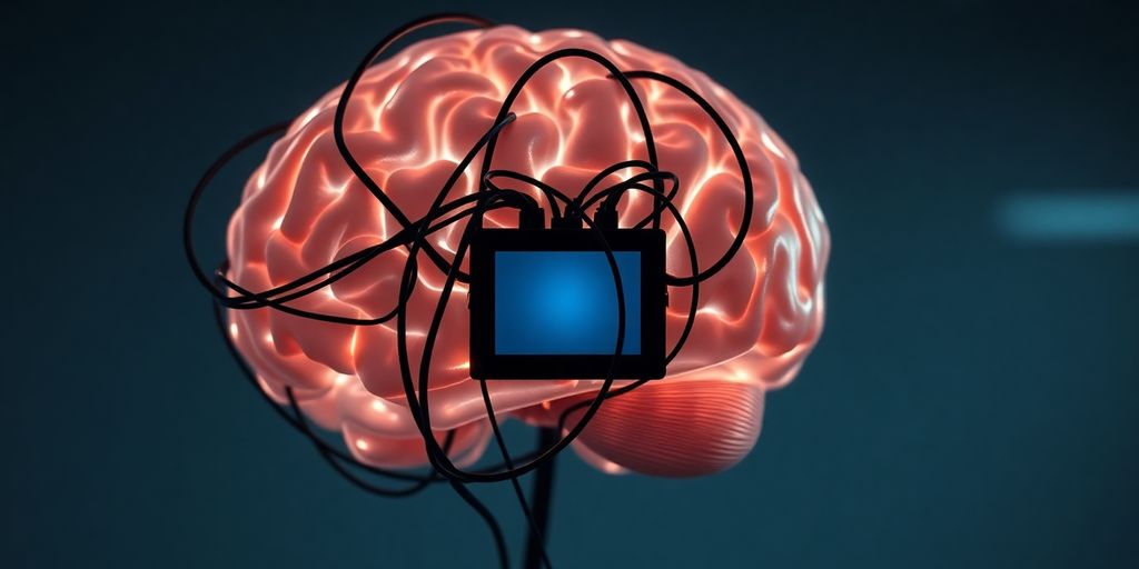 Brain with tangled wires and a glowing screen.