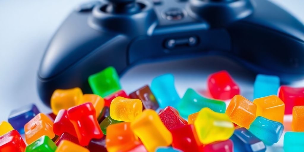 Colorful gummy bears on a gaming controller background.