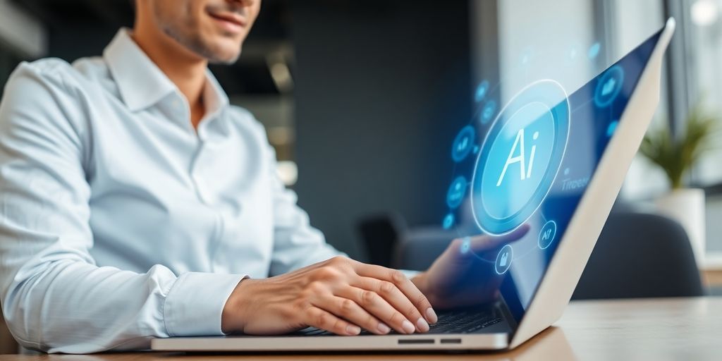 Poslovni profesionalac koristi AI tehnologiju na laptopu.