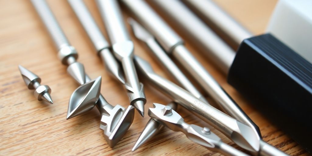Close-up of different nail drill bits on a surface.