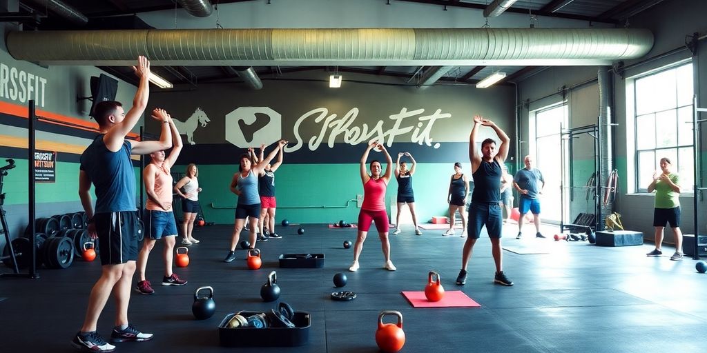 Athletes training in a CrossFit gym with equipment.