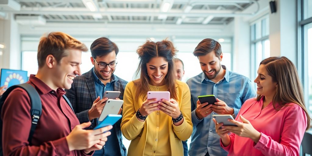 Group of people trading memes on digital devices.