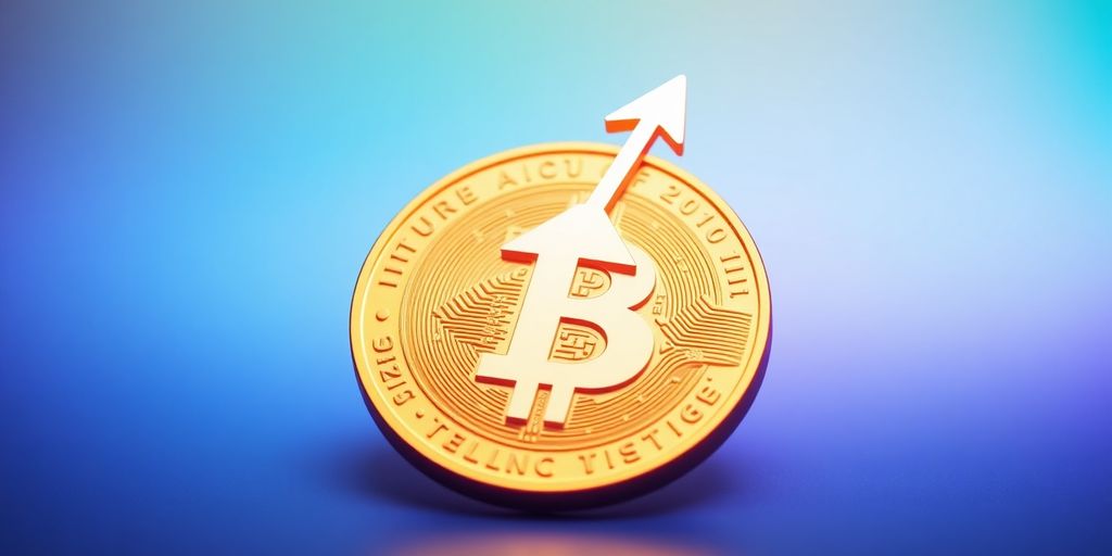 Upward arrow with rising cryptocurrency coin.