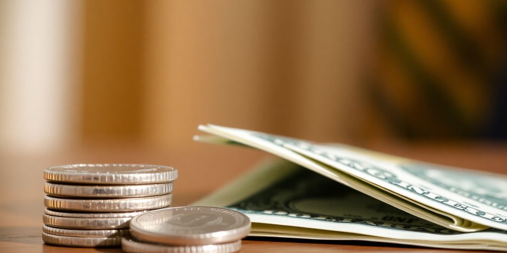 Coins stacked neatly beside paper currency.