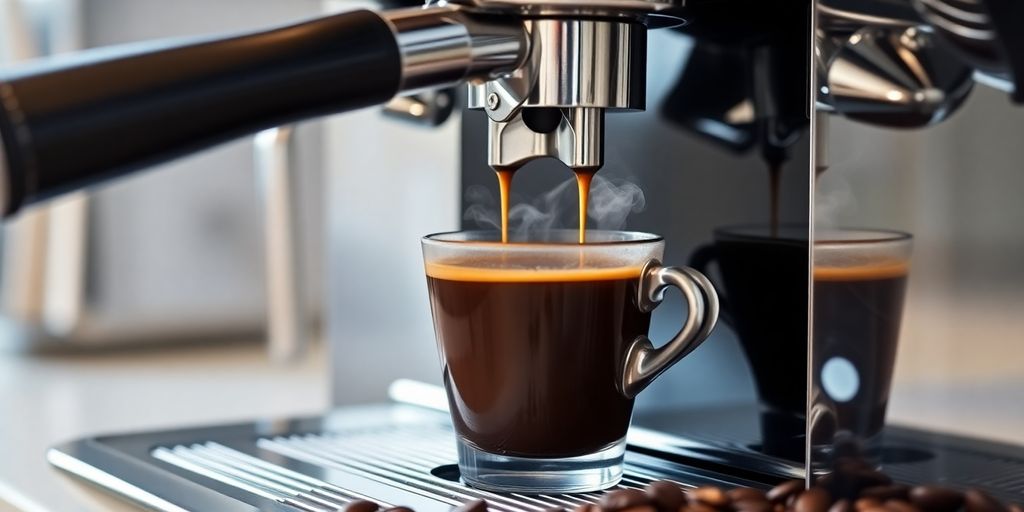 Close-up of steaming espresso machine brewing coffee.