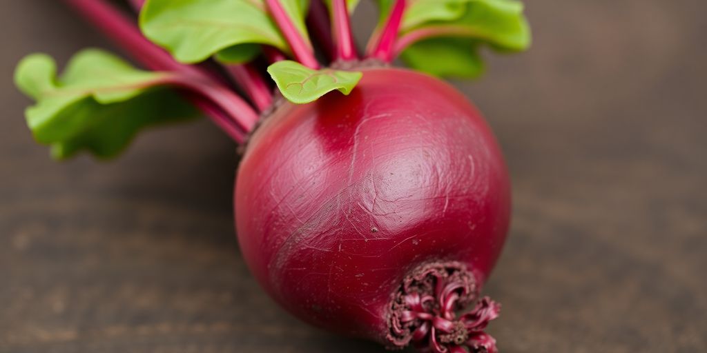 One vibrant beetroot with its leafy green tops.