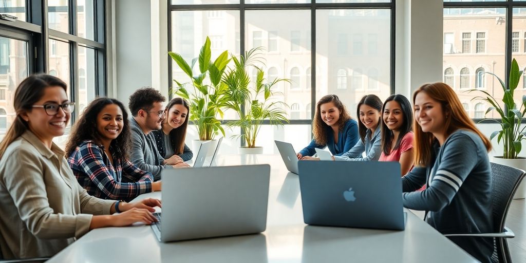 People collaborating on laptops in modern office.
