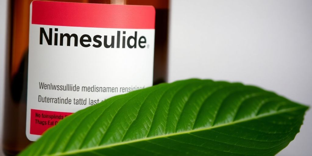 Frasco de nimesulida com folha verde