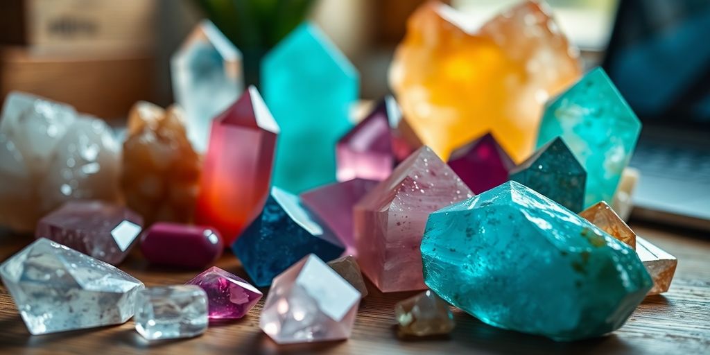 Vari cristalli colorati su una scrivania in legno.