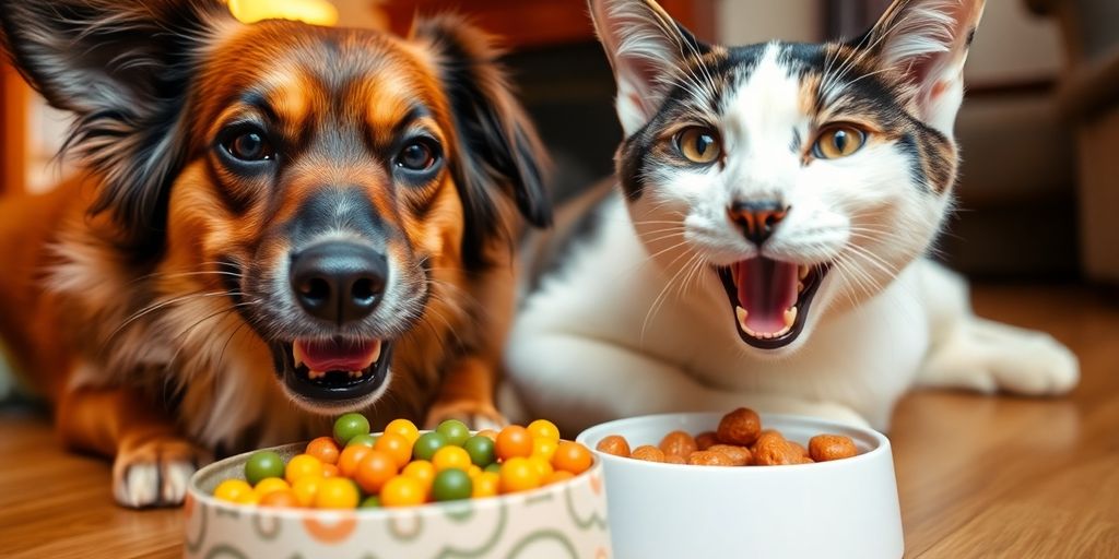 Dog and cat eating together from their bowls.