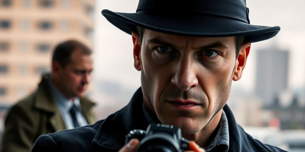 Private investigator observing suspect in a tense street setting.