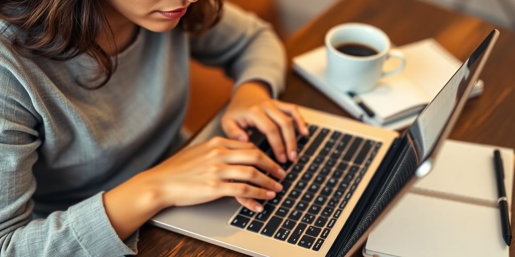 Person writing on a laptop in a cozy workspace.