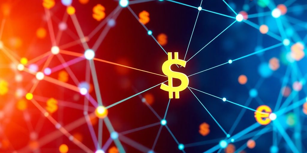 Digital network with currency symbols representing blockchain and fintech.