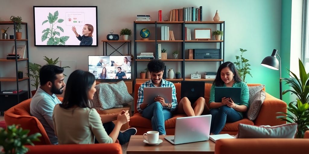 Diverse team collaborating in modern remote work environment.
