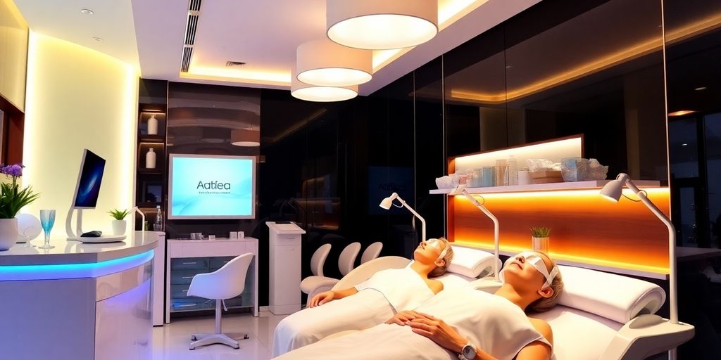 Clínica estética moderna con pacientes felices recibiendo tratamientos.