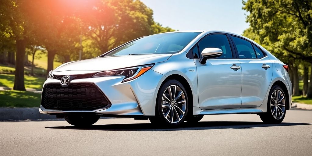 Toyota Corolla Hybrid driving on a sunny road.