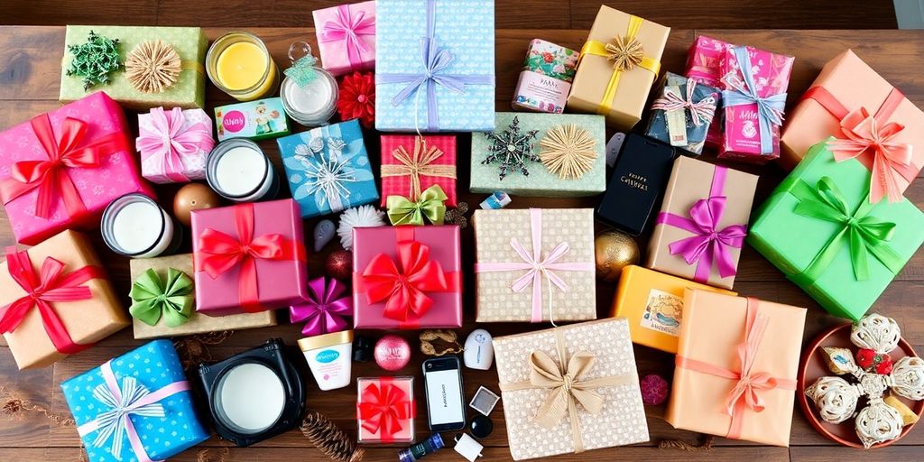 A colorful assortment of gifts on a wooden table.