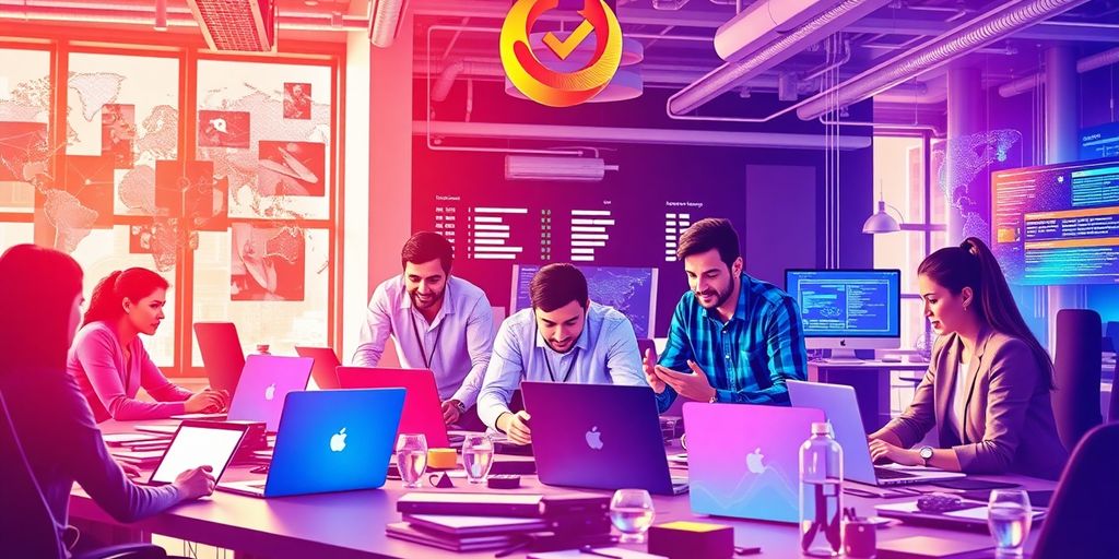 Diverse professionals collaborating in a modern tech workspace.