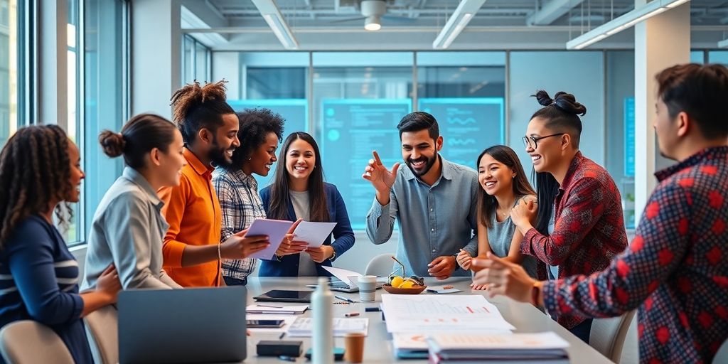 Diverse sellers collaborating in a modern workspace.