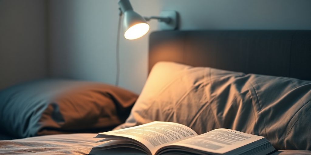 Bed clip lamp illuminating a book in a cosy reading nook.