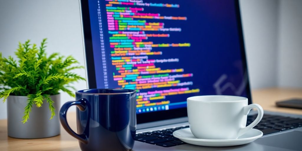 Laptop with Java code, coffee, and green plant.