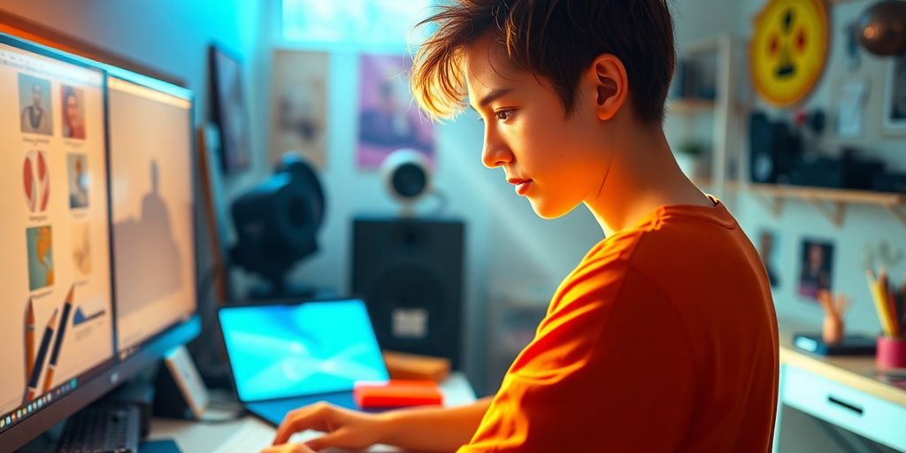 Person using digital tools, bright creative space.