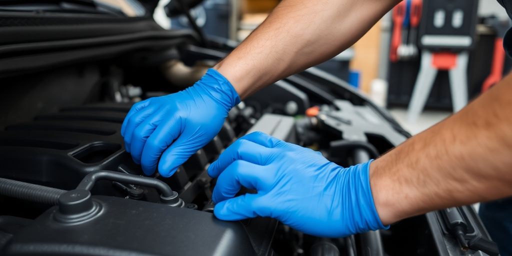 Mechanic inspecting an engine.