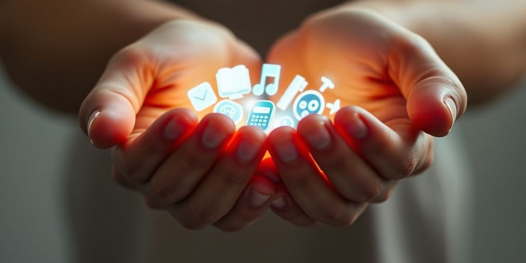 Person's hands holding glowing digital product icons.