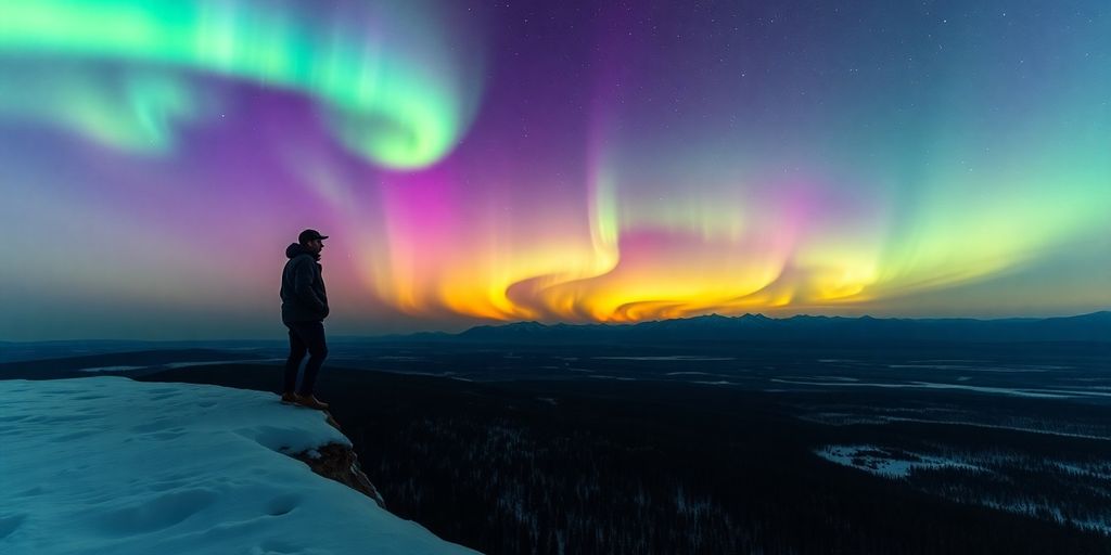 Traveler stands on ridge beneath green and purple northern lights