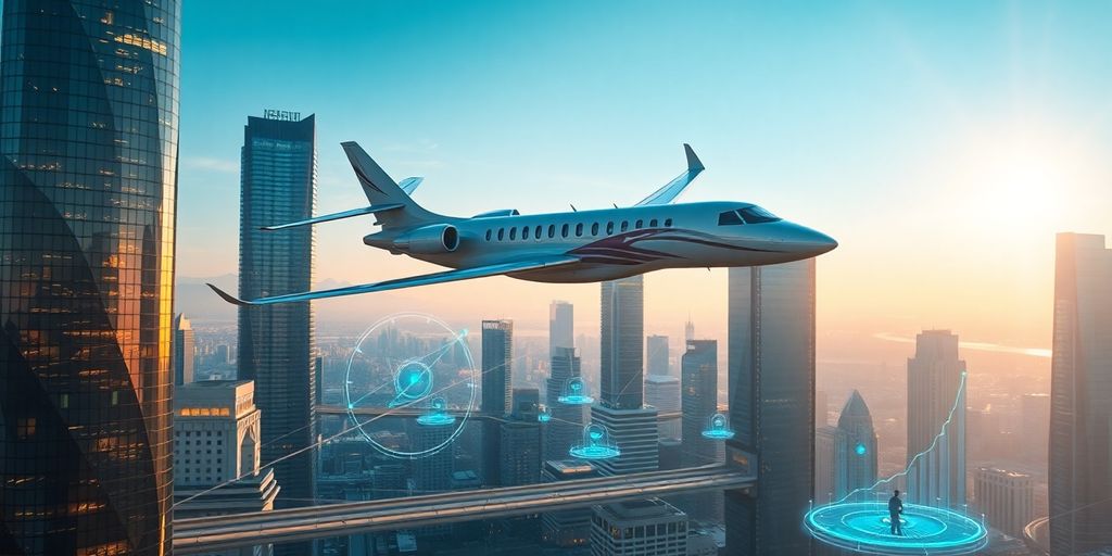 Aircraft flying over a futuristic city