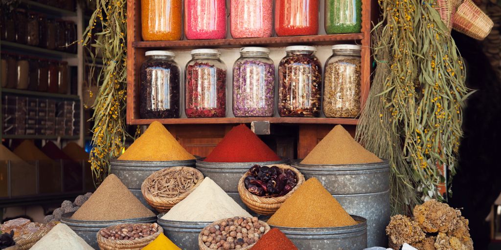 a variety of spices are on display in a store