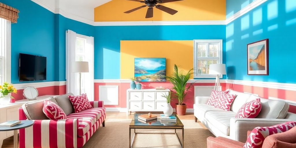Colorful striped patterns in a modern living room.