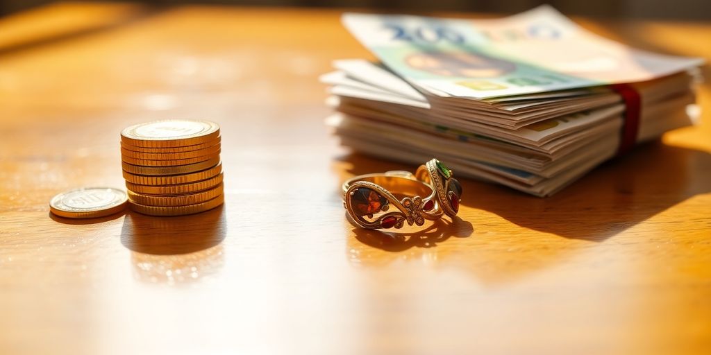 Bijoux, argent et documents sur une table en bois.