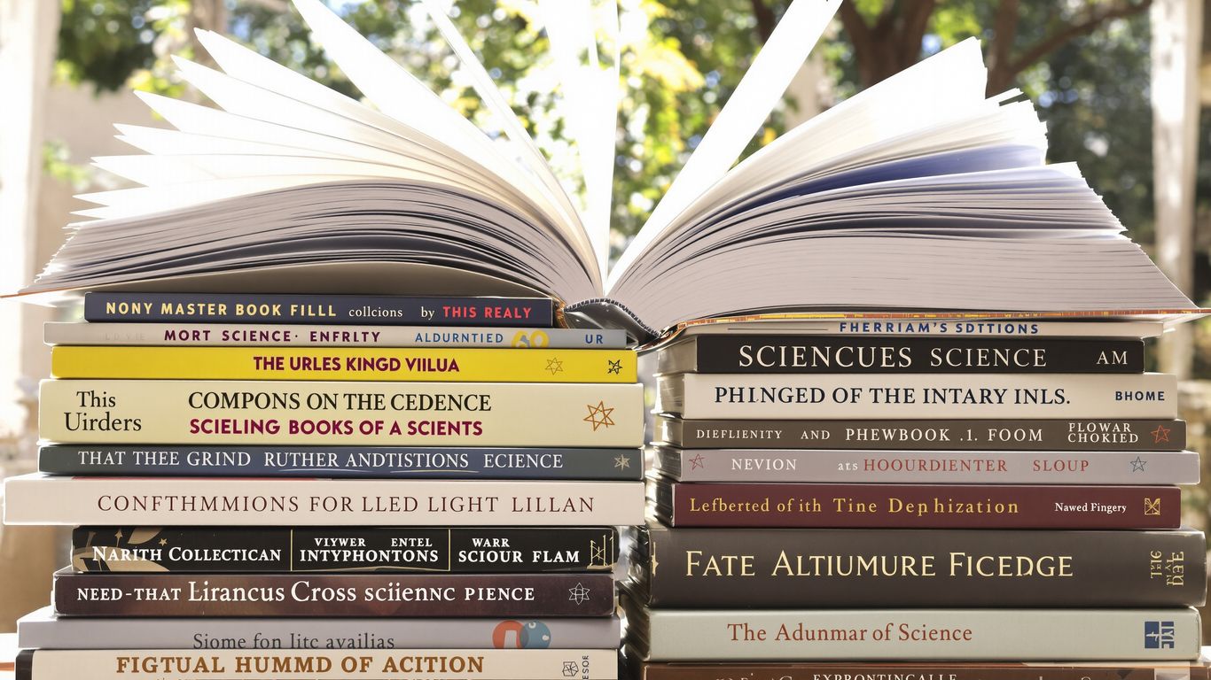 Stack of open science books with fluttering pages.
