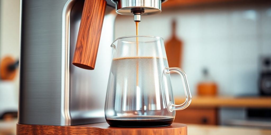 Close-up of coffee maker, featuring prominent wood accents.