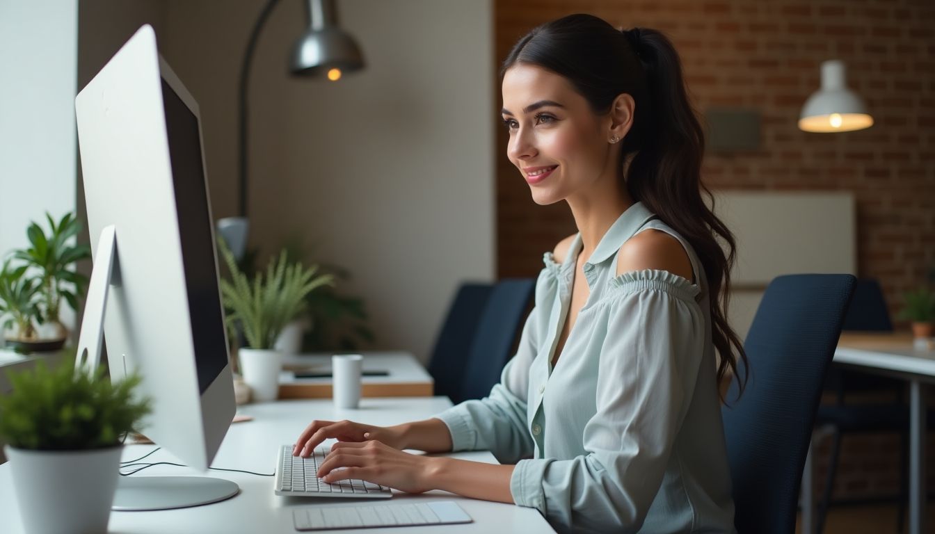 Beautiful woman working on web design at a computer.