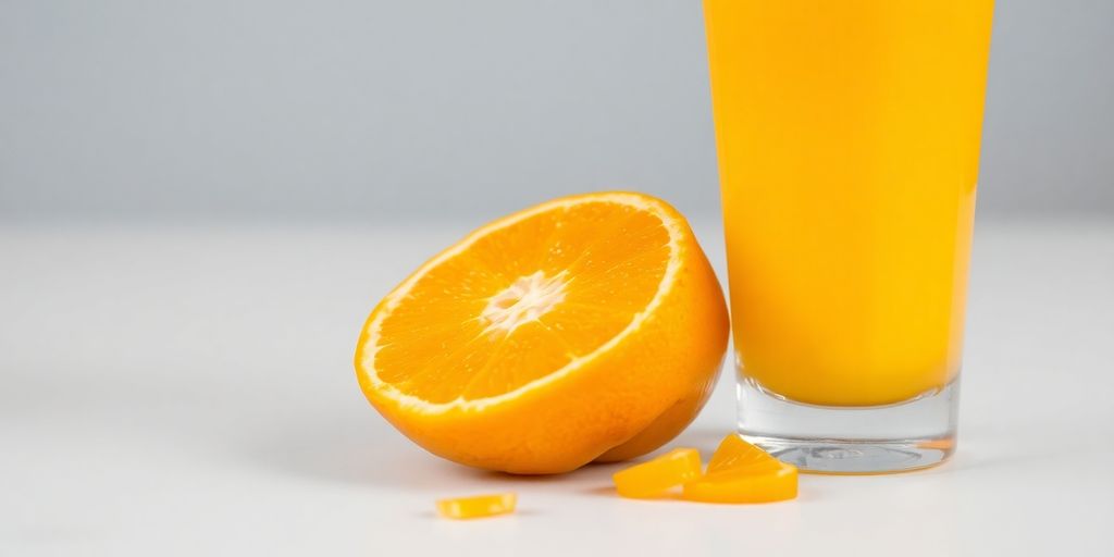 Fresh orange juice in a glass with a whole orange.