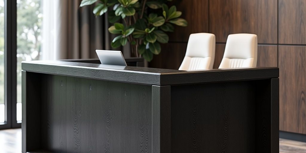 Modern office interior with sleek desk and two chairs.