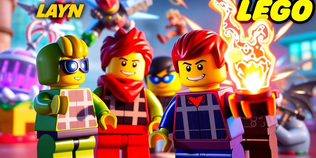 Des personnages Lego et des éléments de jeu vidéo colorés.