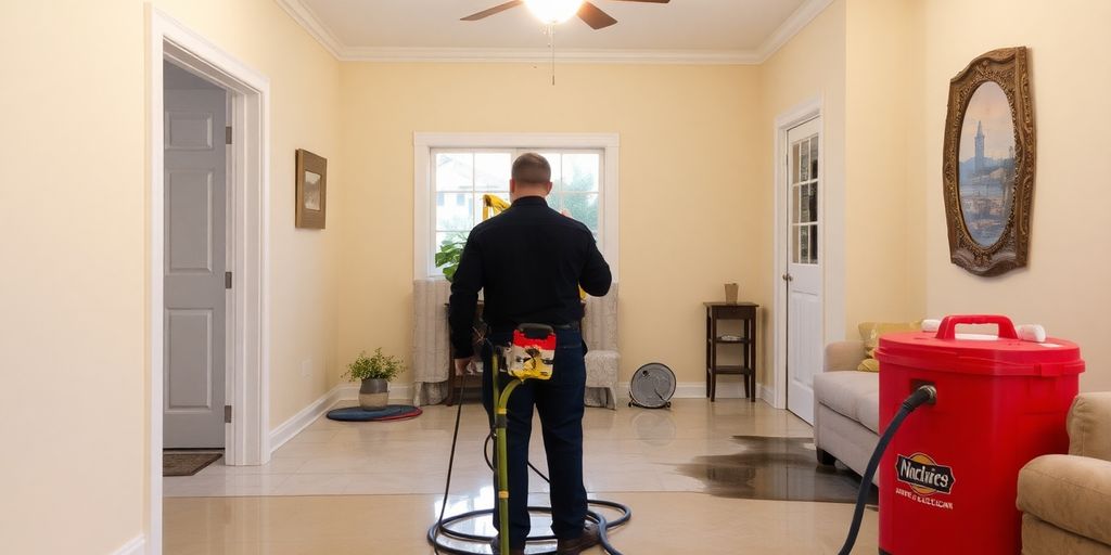 Technician evaluating water damage in a clean home.