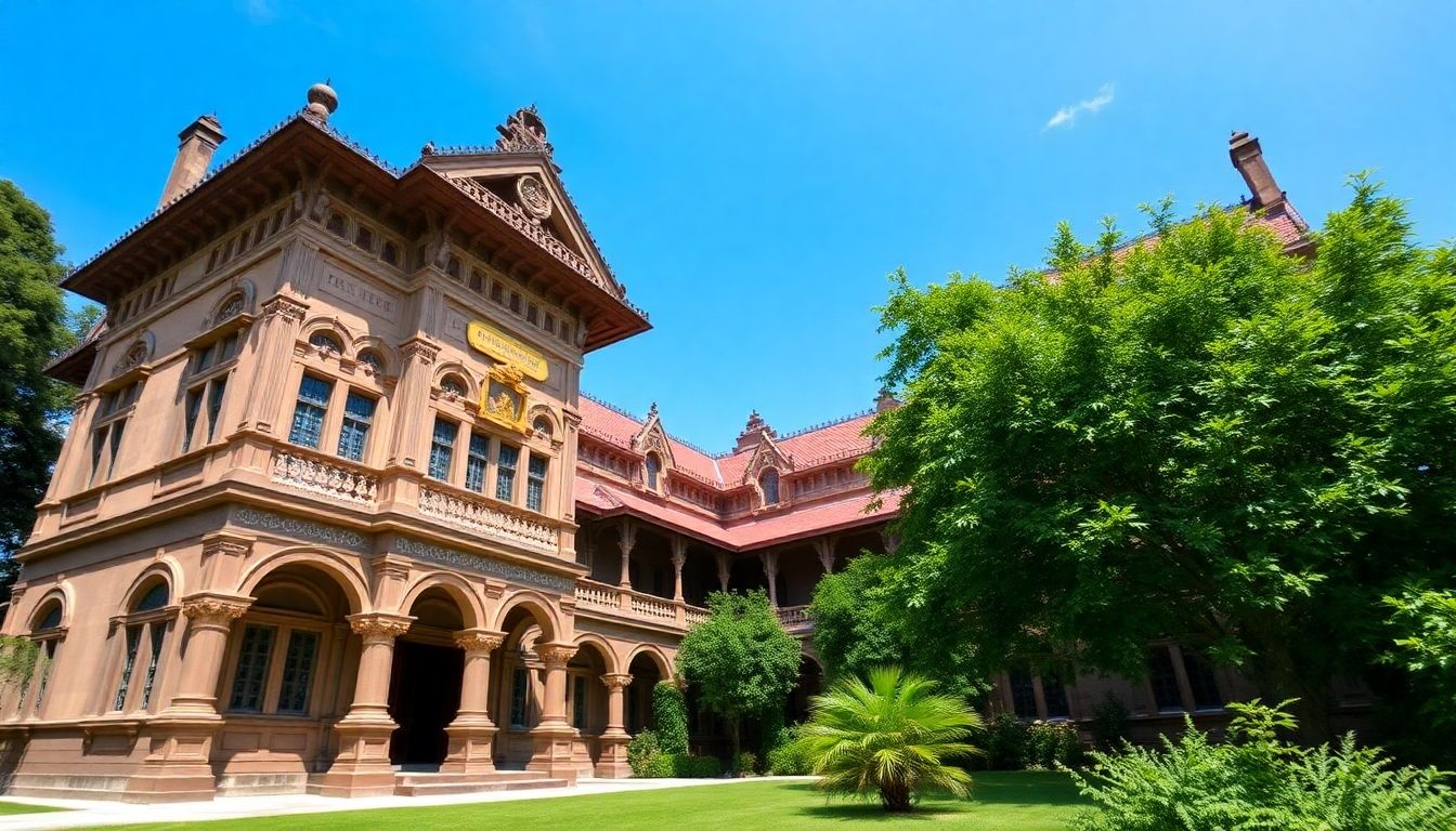Restored historic building with detailed architecture and greenery.