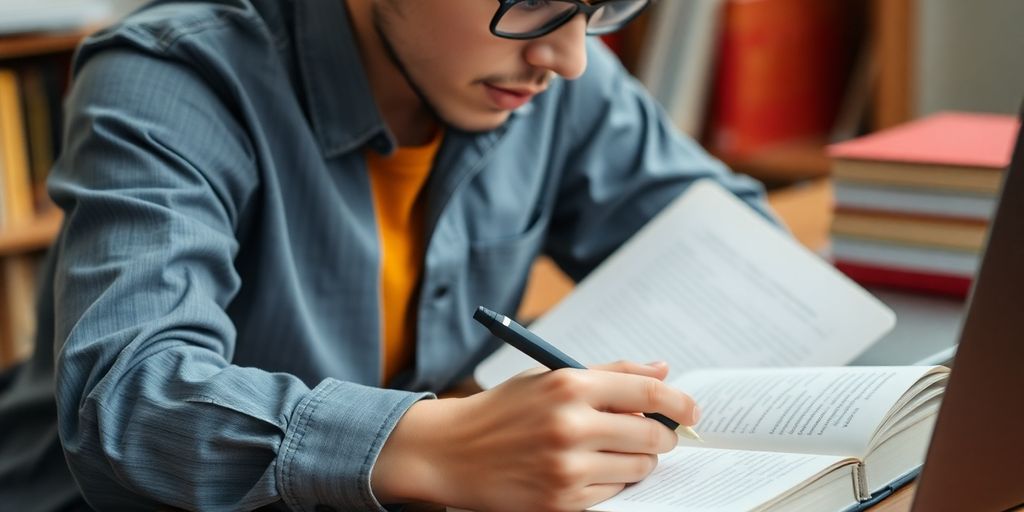 Student writing notes for dissertation research in a library.