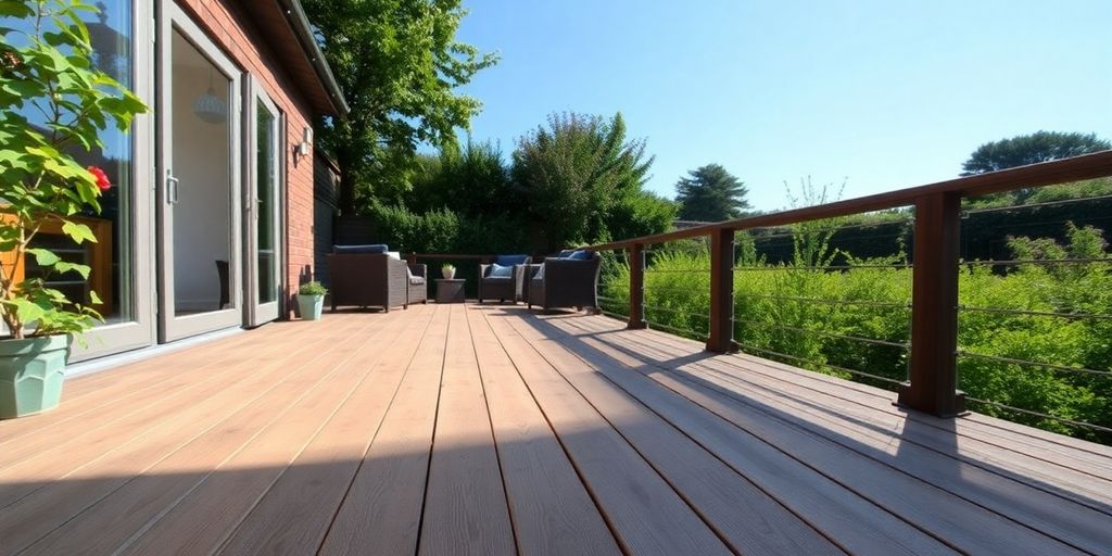 Beautiful wooden decking in a sunny Essex garden.