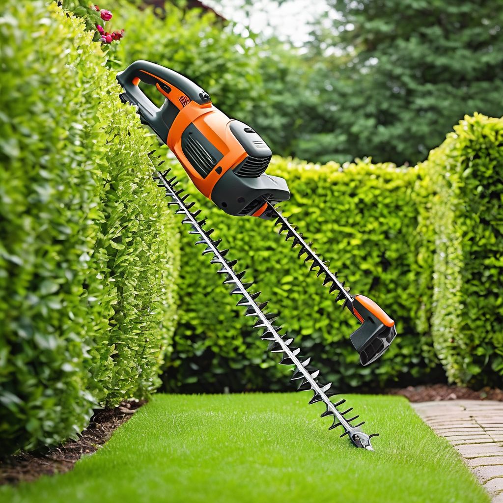 corded hedge trimmer in a garden