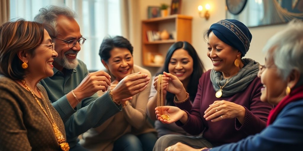 Une famille heureuse partageant des bijoux en or.