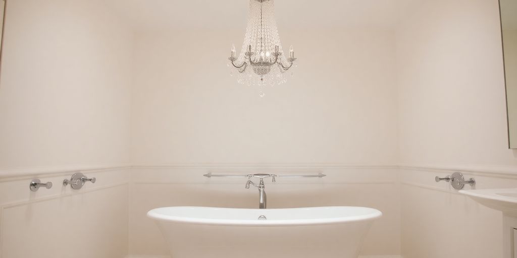 Small crystal chandelier hangs above a white clawfoot tub.