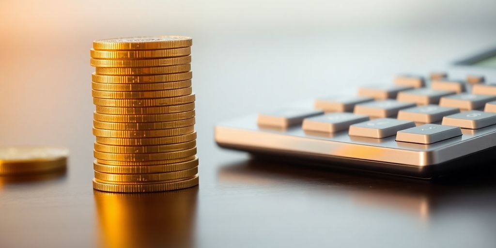 Gold coins stacked next to a calculator.