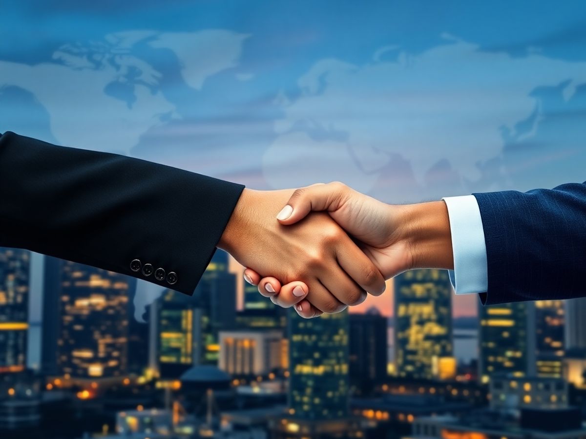 Clădiri moderne, hărți globale, mâini strânse, legal